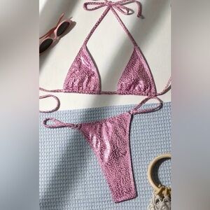 Pink Animal Print Halter Thong Bikini Set